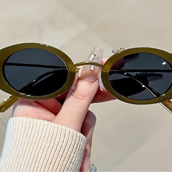 Olive Green Frames Gold Trim and Grey lenses  90s-Inspired Sunglasses - Picture 2 of 2